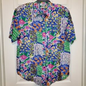 Vintage Metro Express Silk Colorful Patchwork Print Blouse Women’s Size Medium